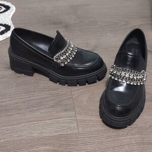 Black Chunky Rhinestone Loafers for Women